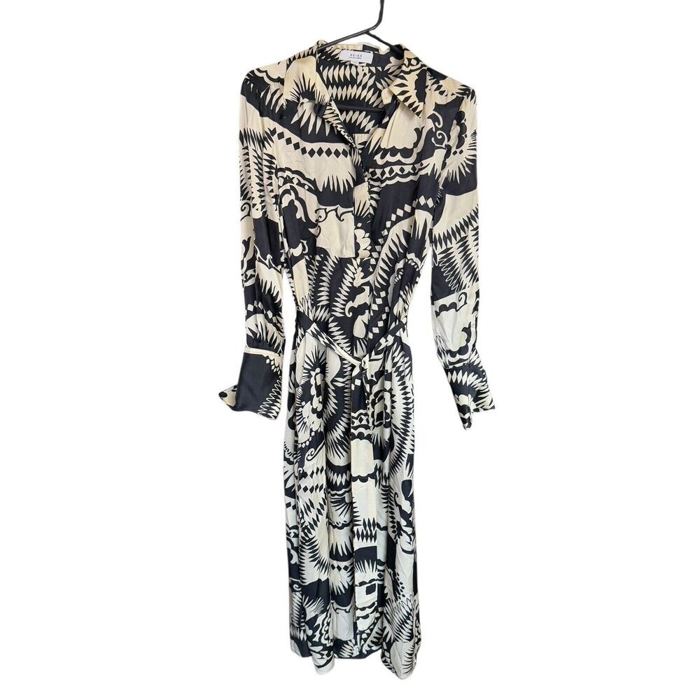 Reiss Black and Cream Abstract Print Wrap Midi Dress